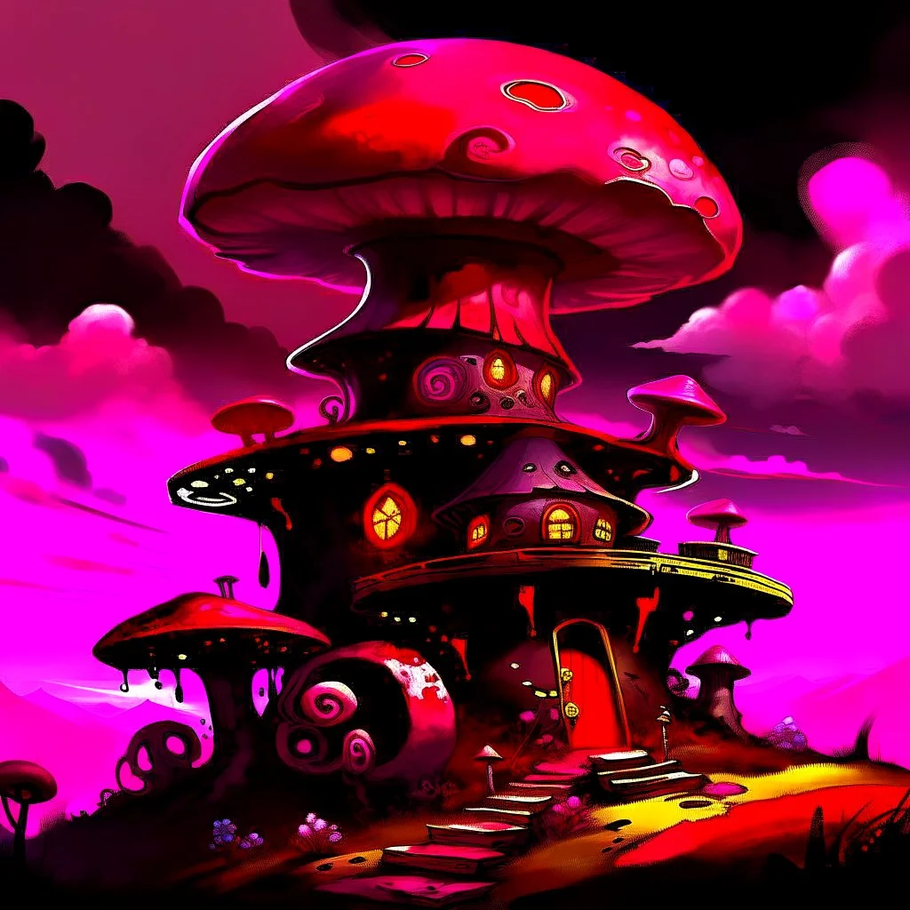 A fantabulous black, magenta and red (((mushroom tower house))) erected atop a (geologic pillar), surrounded by the uncanny imaginative ((( swirling skies))), offset by the stark hues of a (neon-tinged nebulous space scape), within. captured by the hand a skilled master painter with a focus on (softly blurred compositions and voluminous lighting).