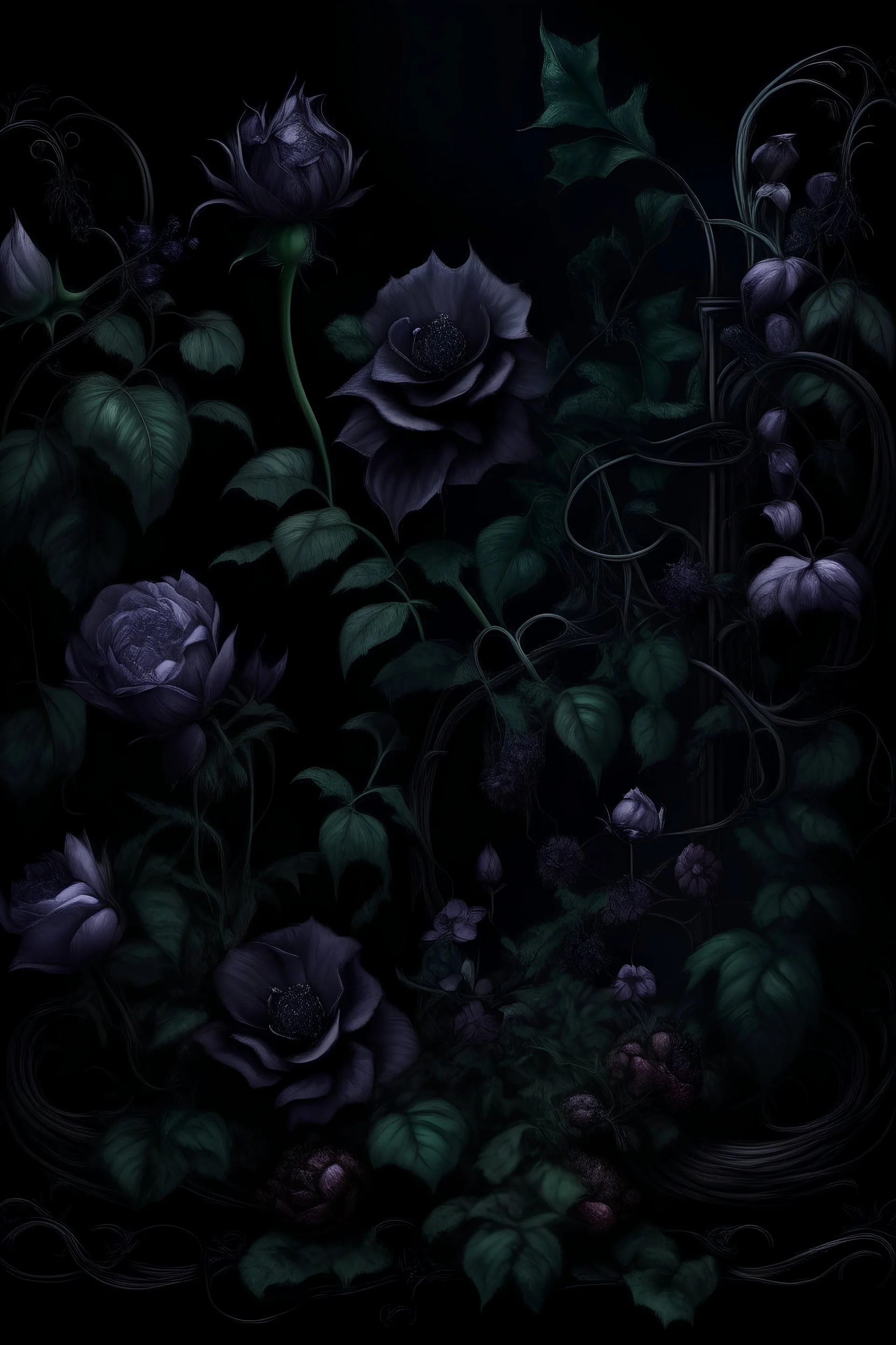 dark garden with grapevines, occult, darkness, purple flowers and black roses