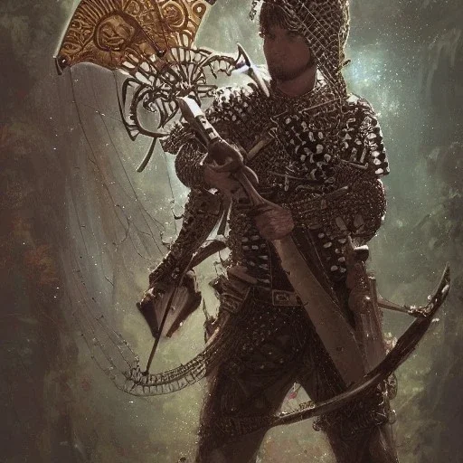 Insanely detailed photograph of a D&D crossbow wielding chainmail warrior “male mariachi” with intricate detailed Sombrero, intricate charo, hyperdetailed painting by Ismail Inceoglu Huang Guangjian and Dan Witz CGSociety ZBrush Central fantasy art album cover art,8K, hdr, mysterious, flickeringlights ,Stoic