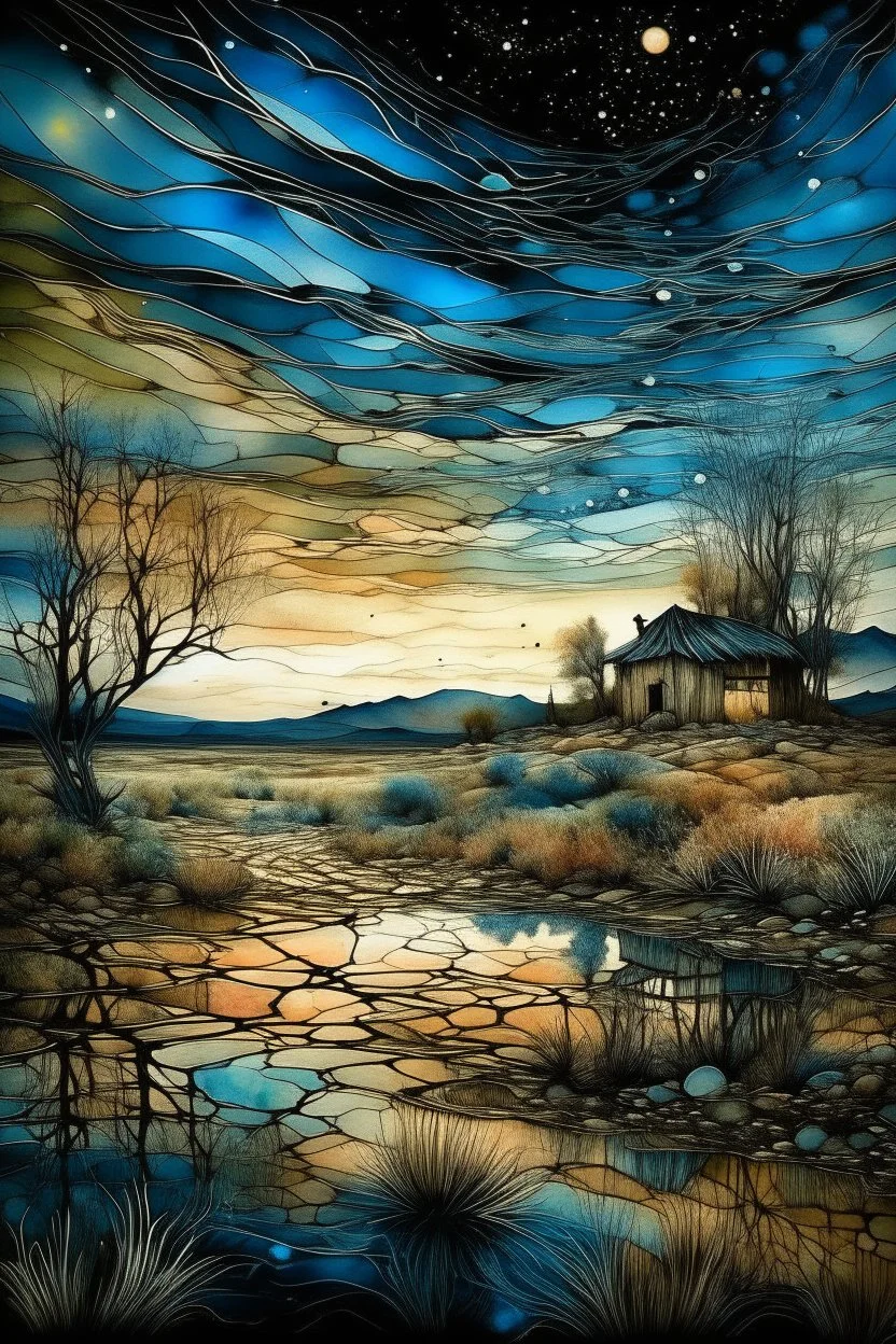 The place where the Dream and its followers live. A reflection of the sky. Watercolor, new year, fine drawing, beautiful landscape, pixel graphics, lots of details, delicate sensuality, realistic, high quality, work of art, hyperdetalization, professional, filigree, hazy haze, hyperrealism, professional, transparent, delicate pastel tones, back lighting, contrast, fantastic, nature+space, Milky Way, fabulous, unreal, translucent, glowing