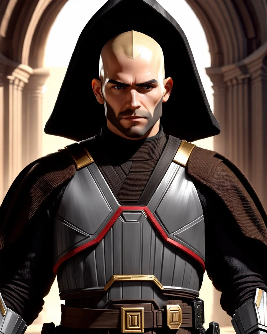 star wars bald male corellian jedi wearing gunmetal grey and black old republic armored flightsuit with gold and metallic red trim inside the jedi temple, centered head and shoulders portrait, hyperdetailed, dynamic lighting, hyperdetailed background, 8k resolution, volumetric lighting, light skin, fully symmetric details