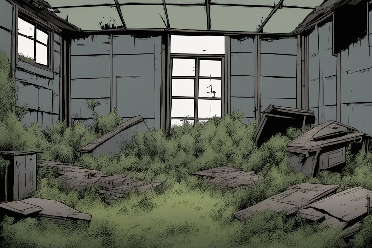 shed, overgrown apocalyptic, grey background, comic book,