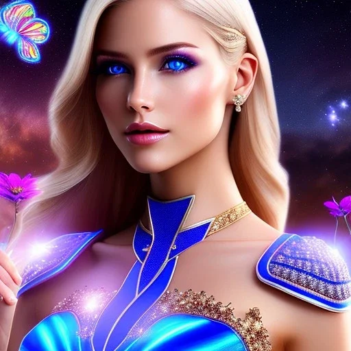 Full body Princess, sexy woman blondie, make up, beautiful smiling face,blue eyes, beautiful place,amazing, flowers, colors, blue and pink butterfly, realistic, photo real, stars night, detailed, high contrast, 8k high definition, unreal engine 5, extremely sharp detail, light effect, light background