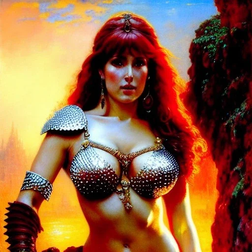 Drawing of beautiful face,'beautiful ,Busty Red Sonja',intense stare, ancient skintight armor, balanciaga fashion clothe painting by gaston bussiere, greg rutkowski, yoji shinkawa, yoshitaka amano, tsutomu nihei, donato giancola, tim hildebrandt, Oil on canvas, cinematic composition, extreme detail,fit full head inside picture,16k