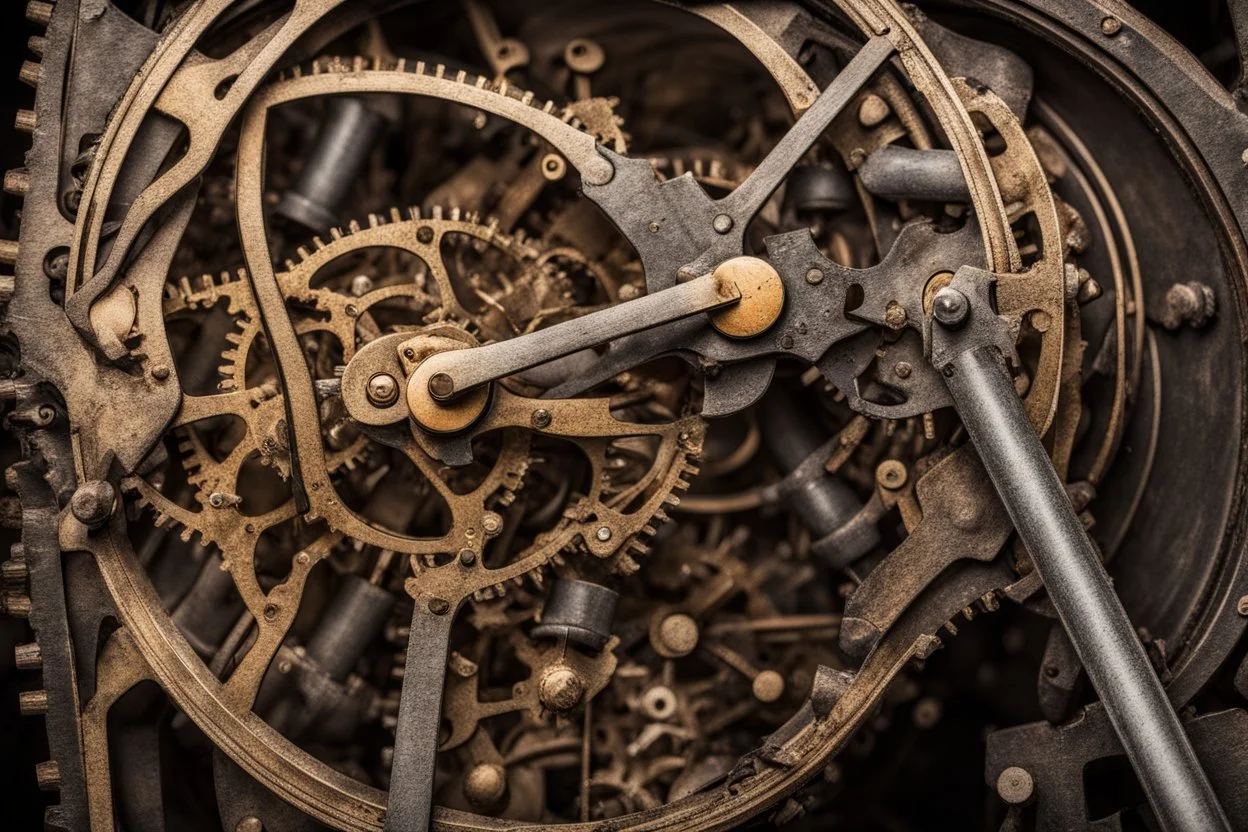 Looking down into a complicated large, old-fashioned clock mechanism with hands