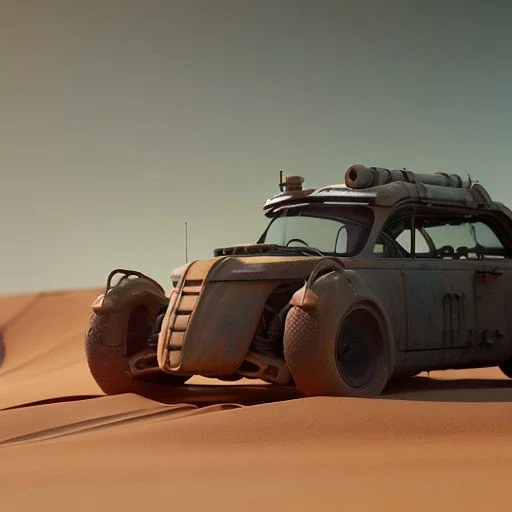 3d rendering. Steampunk futuristic car. Buried in desert sand. Lost in Time