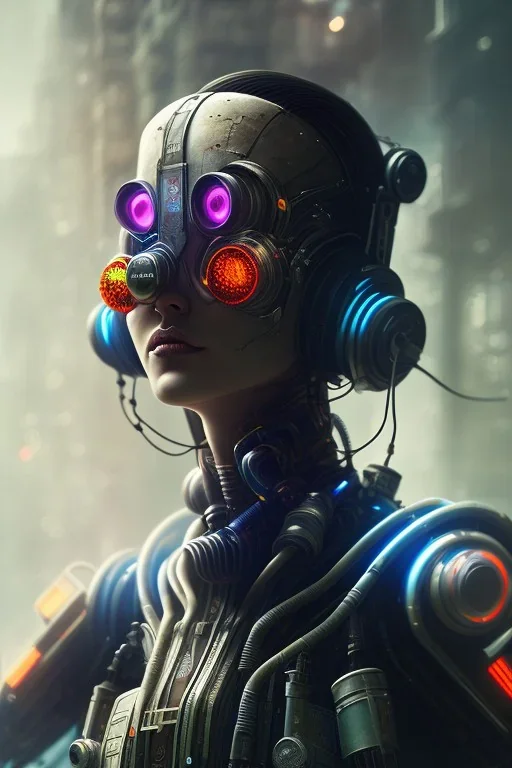 portrait post-apocalyptic robots in a cyberpunk city, realistic, intriacte detail, sci-fi fantasy style, volumetric lighting, particales,highly detailed,cinamatic, deep colours,