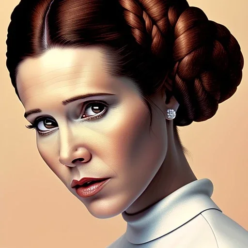 modern disney style, half-length portrait, three-quarter face pose of carrie fisher as Princess Leia with bald head, entrancing deep brown eyes, eos5d mark 4, ef 85mm 5.6, professional majestic photo realistic painting by Ed Blinkey, Atey Ghailan, by Jeremy Mann, Greg Manchess, Antonio Moro, trending on ArtStation, Intricate, High Detail, Sharp focus, dramatic, by greg rutkowski, realism, beautiful and detailed lighting,