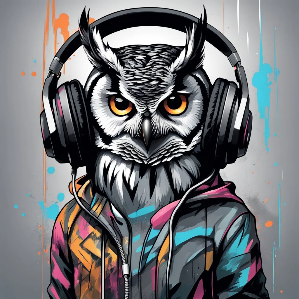 Illustrative sketch of a humanoid owl in music with headphones, full body, ultra quality, hyper detailed, graffiti, concept art, 8k