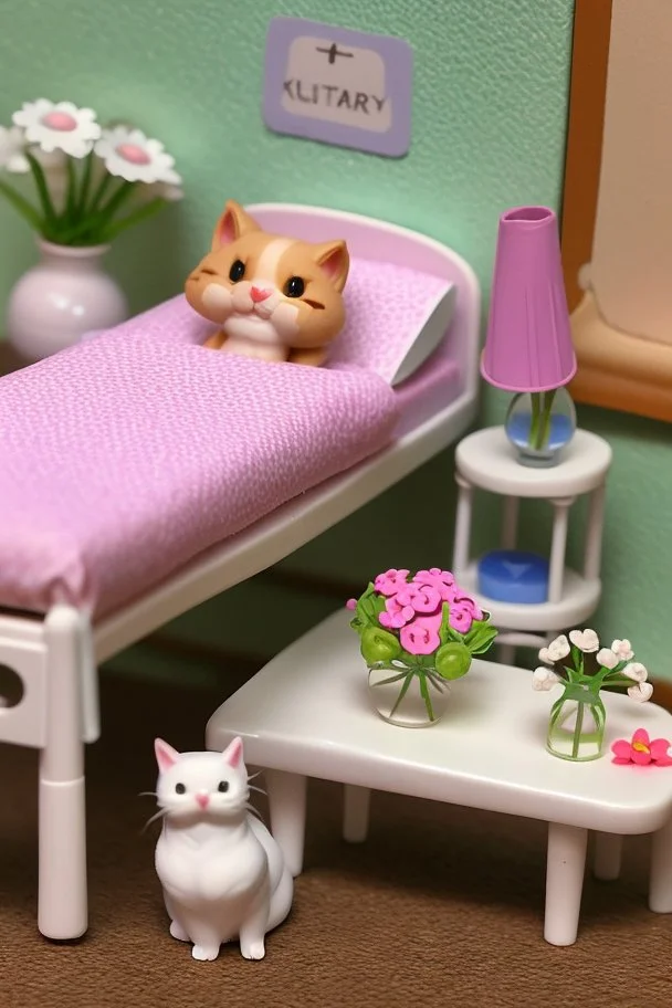 Sylvanian family cat and kitten hospital, hospital furniture, charts on beds, flowers in a vase on a table next to a bed