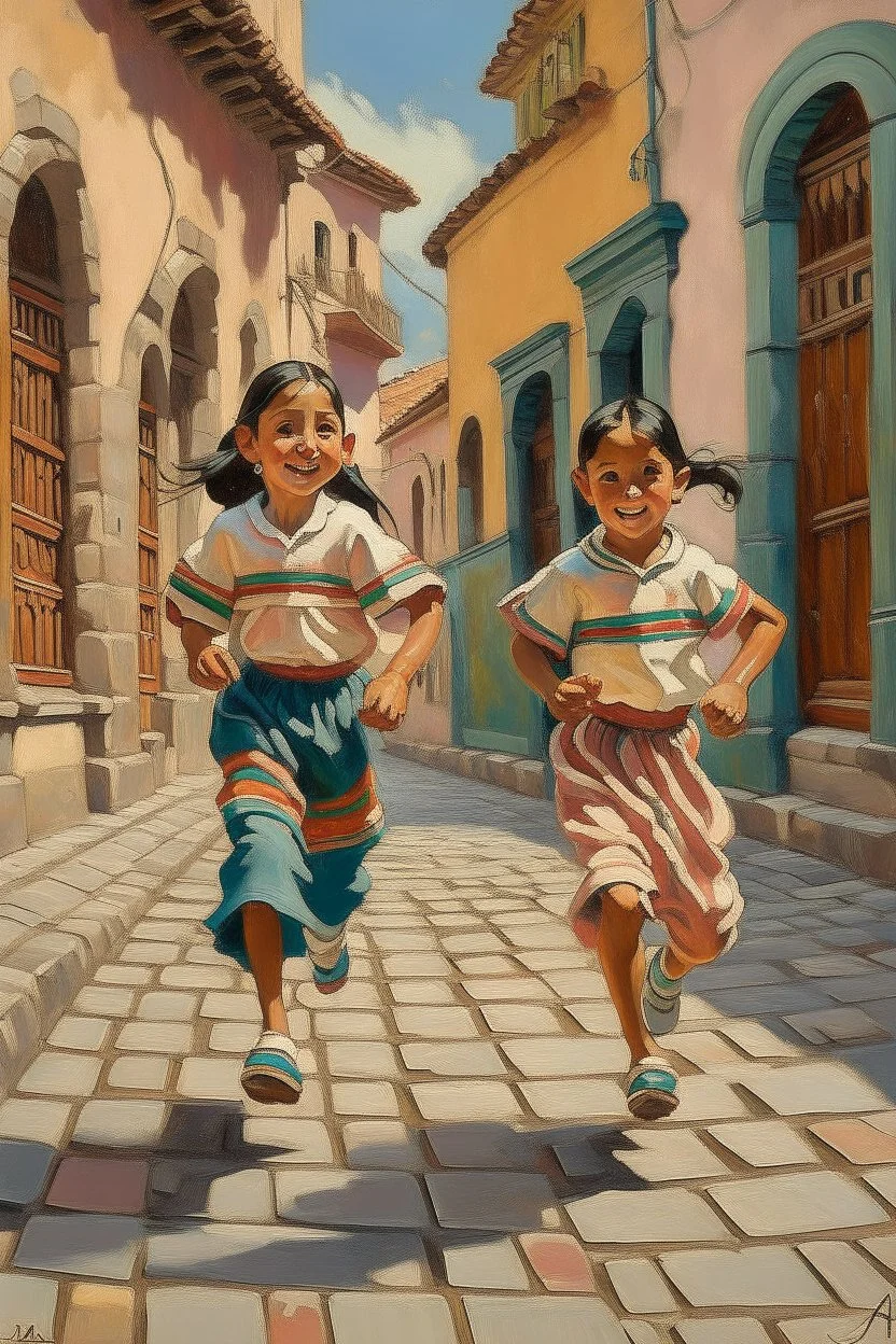 2 maxican childeren running traditional clothes painting neoclassism in a traditional mexican city