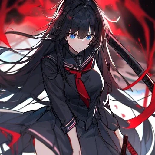 Clear focus, High resolution, long black fluffy hair, blue eyes, wearing a black sailor uniform, red tie, yandere, rough line sketch, dark aura, holding a katana