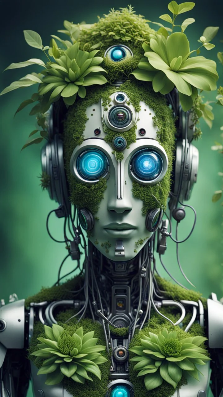 a portrait of a vegan hippie cybernatic robot made of living plants, and having a sentient look in its eyes, like a buddha