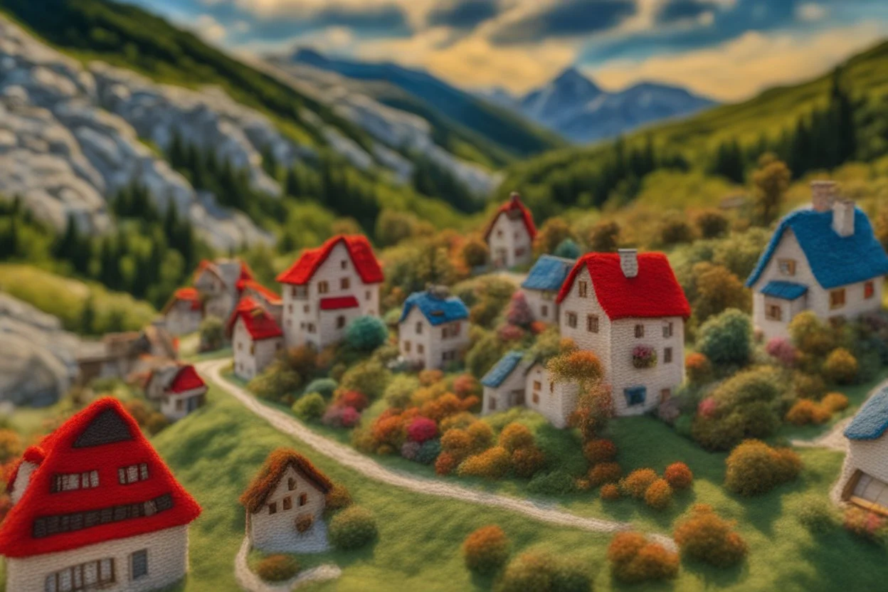 Hand sewn and embroidered extremely cute Austrian mountain village, threads, sewing needles on a table on lace blanket in a luxury bedroom, centre, bold colours elegant fantasy 8k beautiful dynamic lighting award winning imperial colors hyperrealistic ultra detailed 4K 3D high definition crisp quality colourful hdr in sunshine