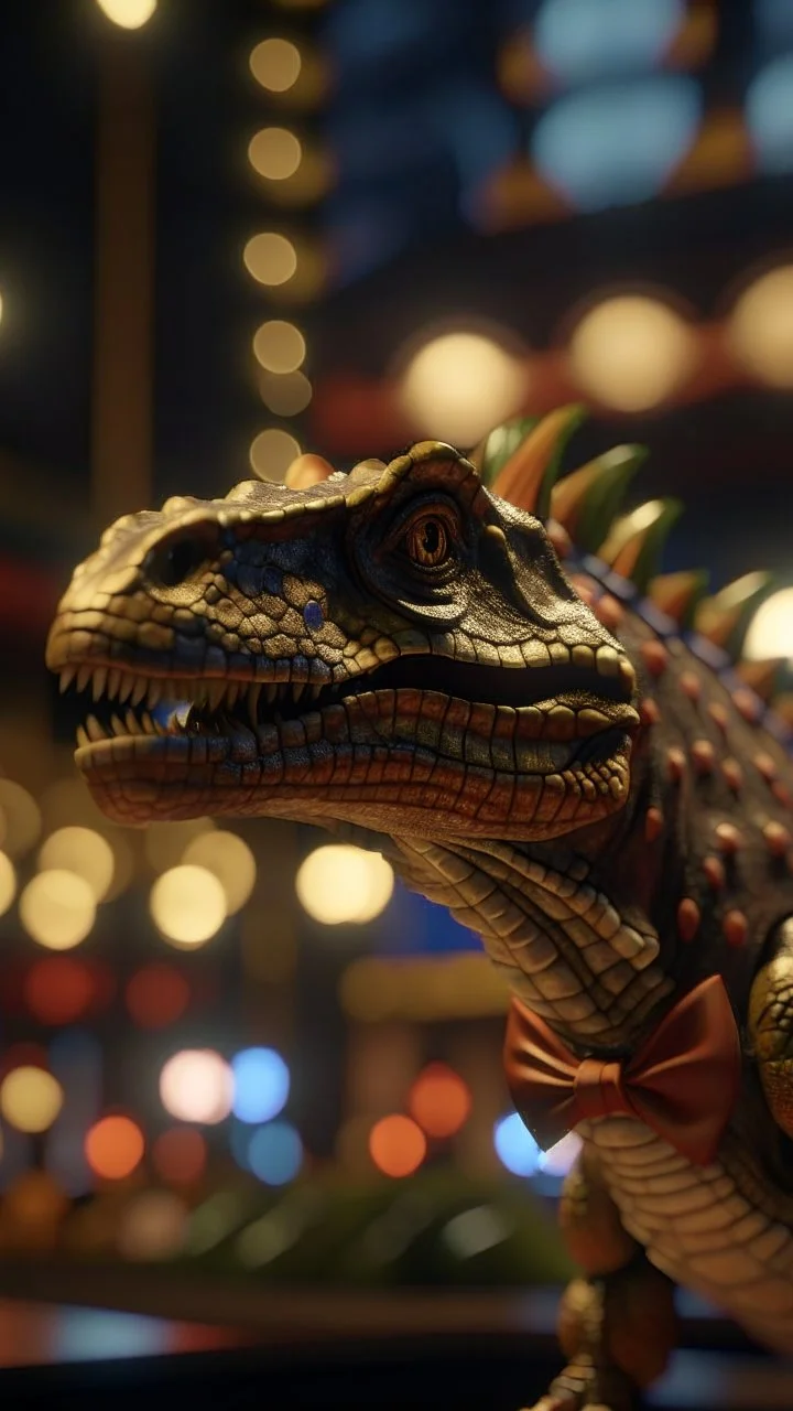 dinosaur wearing a party bow at a casino, shot on Hasselblad h6d-400c, zeiss prime lens, bokeh like f/0.8, tilt-shift lens 8k, high detail, smooth render, down-light, unreal engine, prize winning