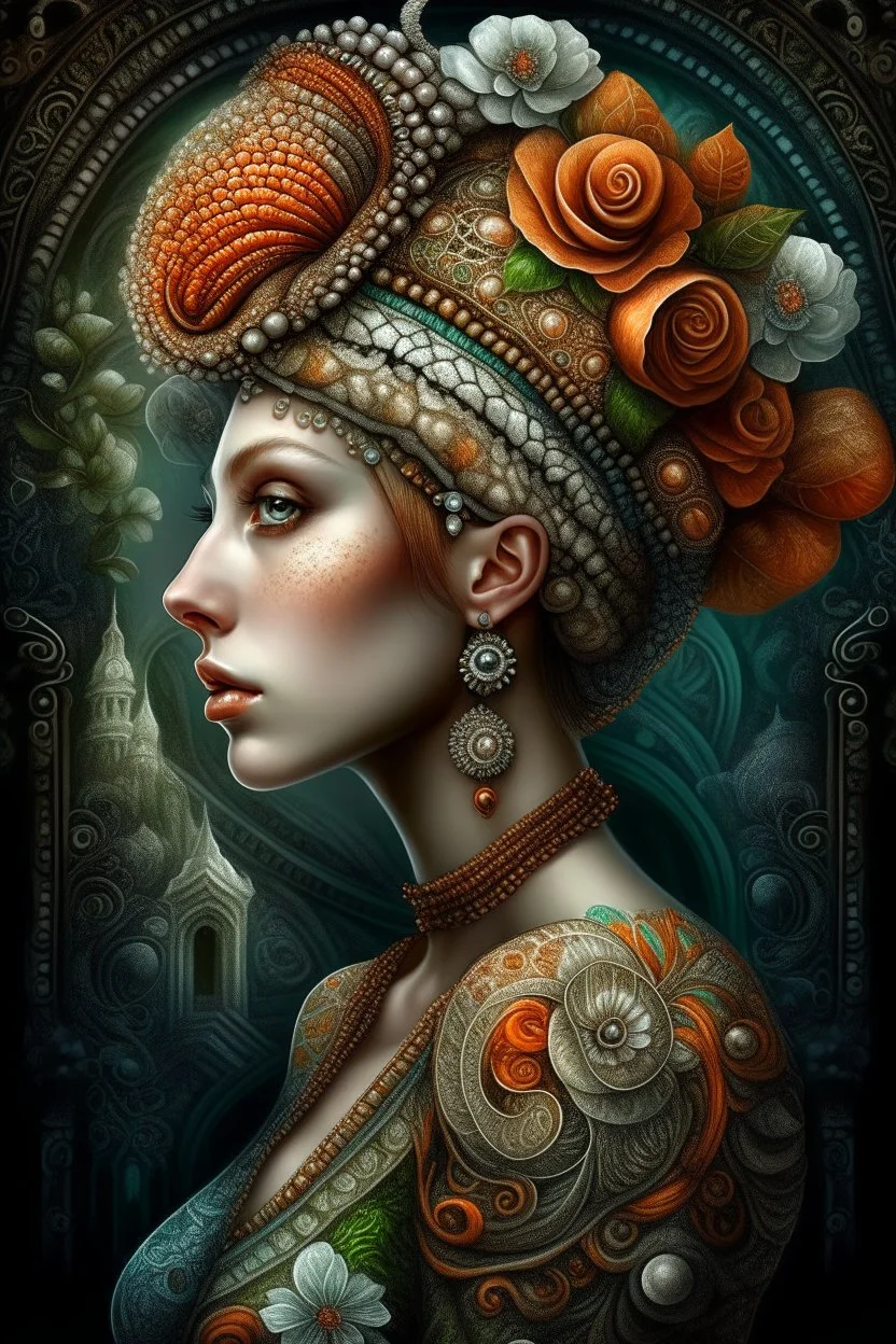 Beautiful humanoid lady wearing lace patterned snail portrait, with extremely textured house adorned with lace beads, black diamonds and leaves orange, green beige. Brown ginger leaves white flowers bioluminescense water drops Organik bio spinal ribbed detail of rococo ornate full floral creative background extremely detailed hyperrealistic maximálist concept art