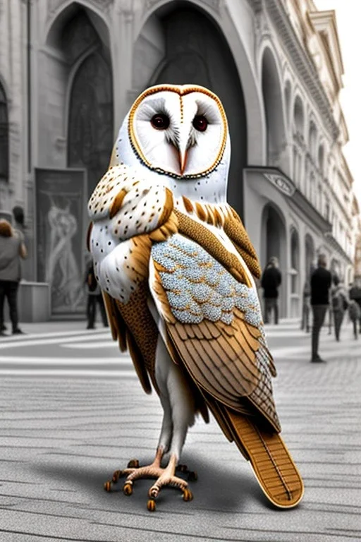 One single mature barn owl, playing guitar in the street , Vienna, friendly, sunny day, model style, hyper realistic, extremely accurate, delicate, extremely detailed, Graphic novel style, wide-angle, open aperture, superfine pencil