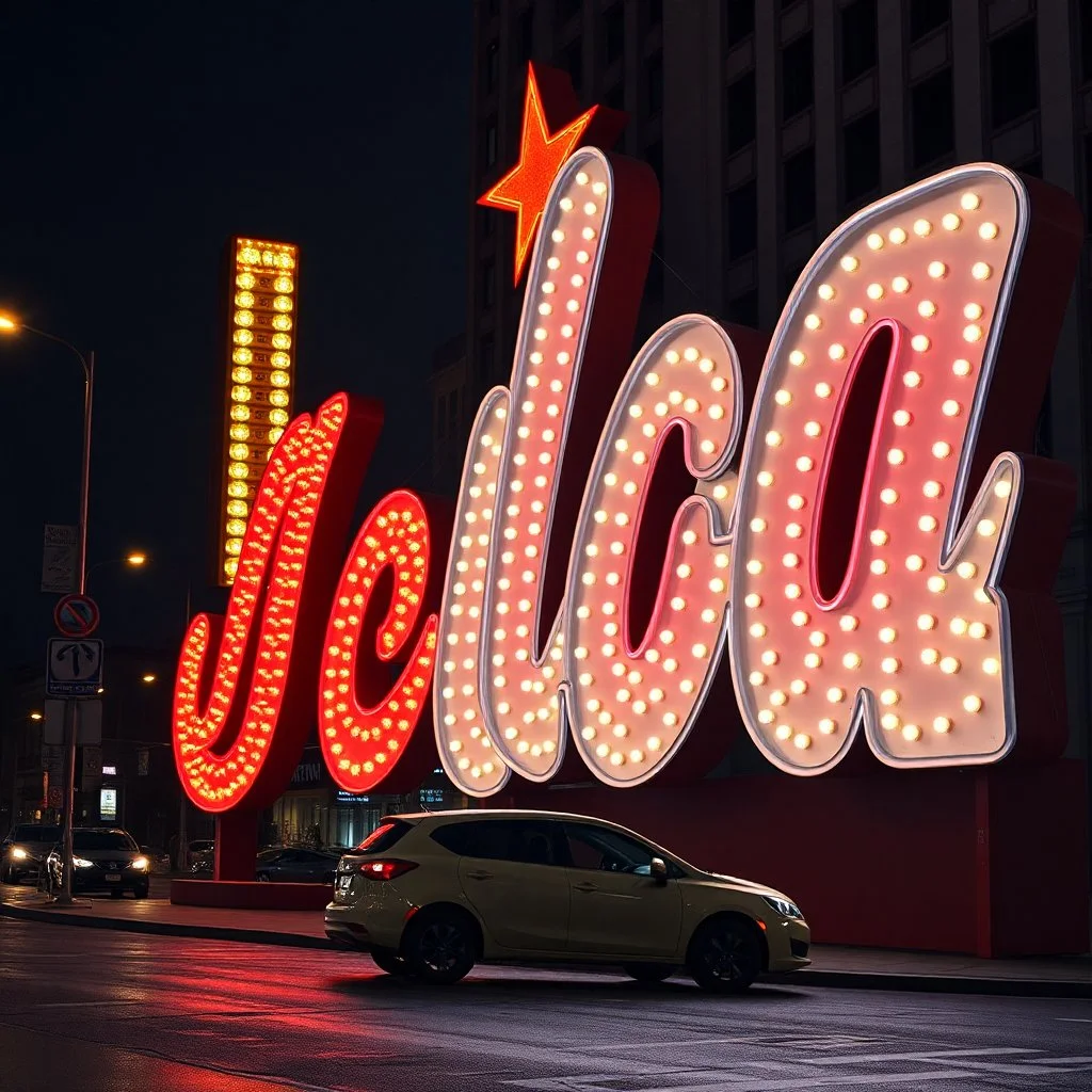 advertisings on giant signs in an unknown script (nstreet, made of cake-frosting and felt, volumetric light, Yves Tanguy, Joan Miró, hypermaximalist, night, nightmare, fun, 3d, odd logo, persone, auto, chaos