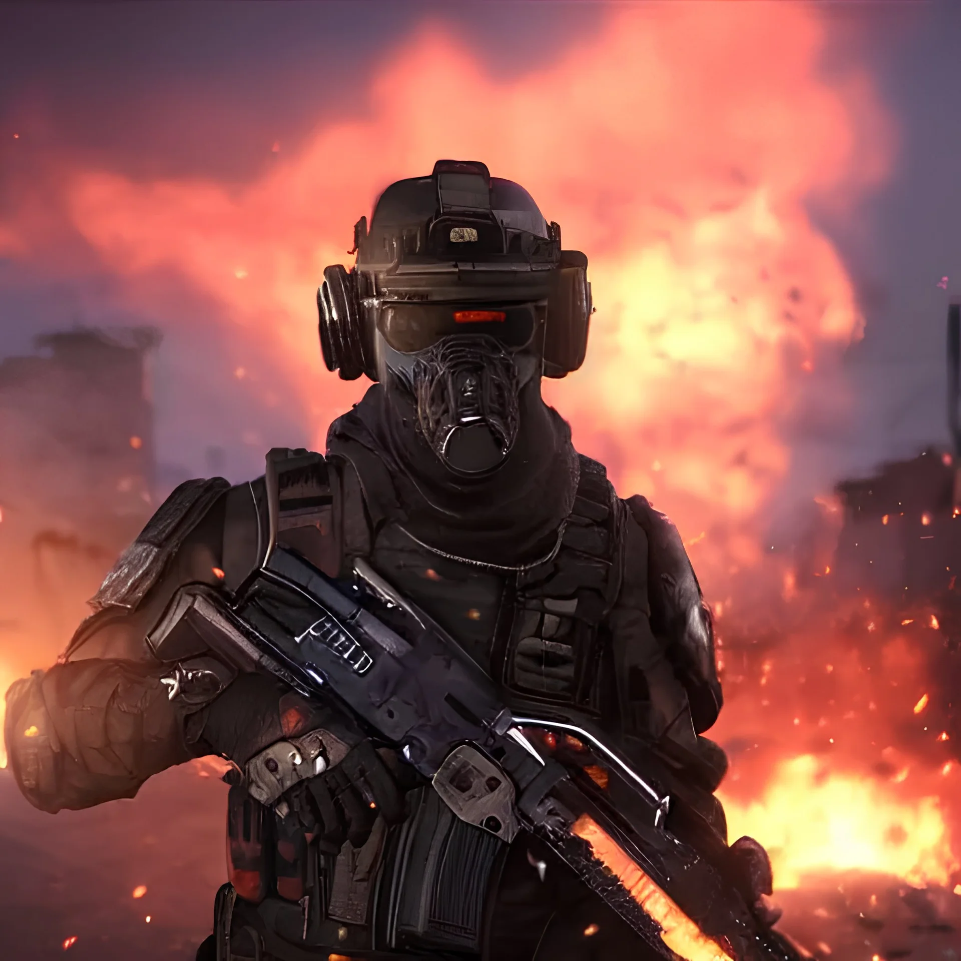 Call of Duty: Black Ops 3 Character. Alone. Character is Facing Us. Hyper Realistic. Apocalyptic City Debris in the Background. Orange Glow in the Background. Light is Reflecting off Dust Particles. Futuristic Military Patrol Helmet and Body Armor. Black Visor Covering Entire Face. A Military Firearm is in the Character's Hands.