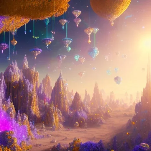 blue gold and violet landscape with multicolored crystals falling from the sky, full of details, smooth, bright sunshine，soft light atmosphere, light effect，vaporwave colorful, concept art, smooth, extremely sharp detail, finely tuned detail, ultra high definition, 8 k, unreal engine 5, ultra sharp focus