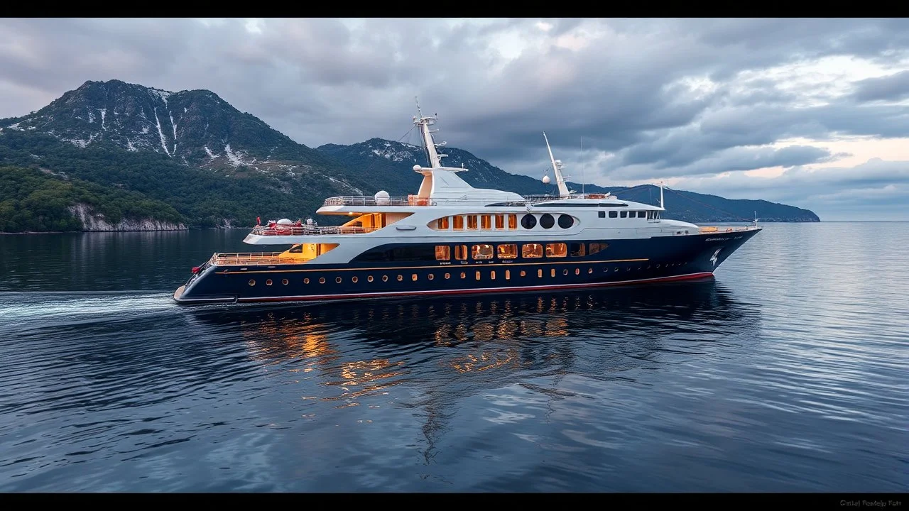 The description should capture the elegance of the ship, the beauty of the surrounding landscape,