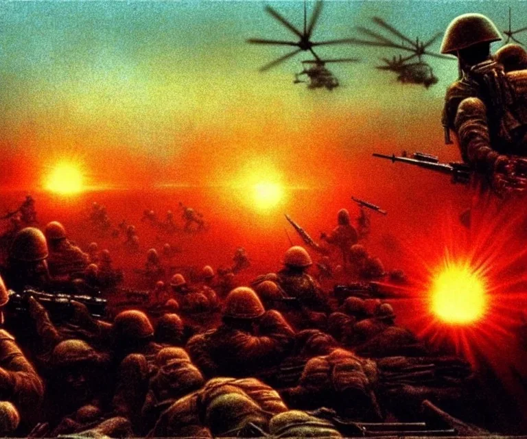 vietnam war. war. napalm. bokeh. lens flare. warm lights. high detailed. beksinski