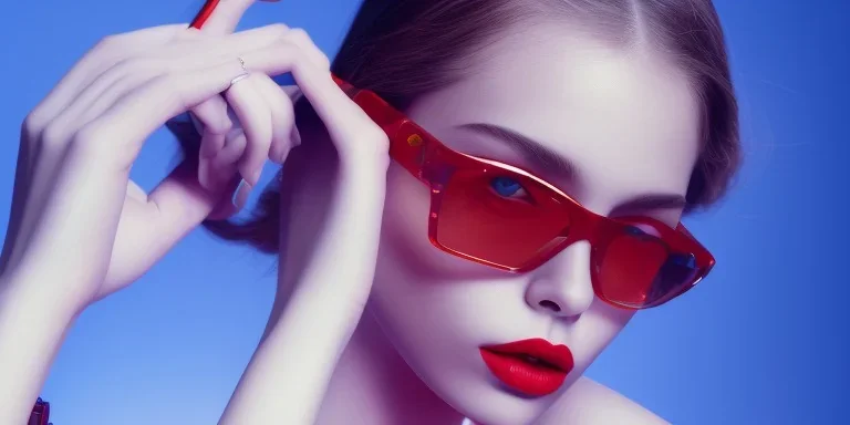 Scarlett Leithold intense red lips with dark glasses backlit blue and red light