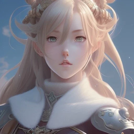 granblue fantasy girl character concept art and illustration by akihiko yoshida, style of pixar, amazing detailed face closeup, Long plaited brown hair, big beautiful eyes, fighter warrior, wearing a fighter leather armor, royal themed armor, action, madhouse and kyoani character face, cute, pretty girl, portrait, pixiv, artstation, specatcualr details, Volumetric Lighting, Dramatic lighting