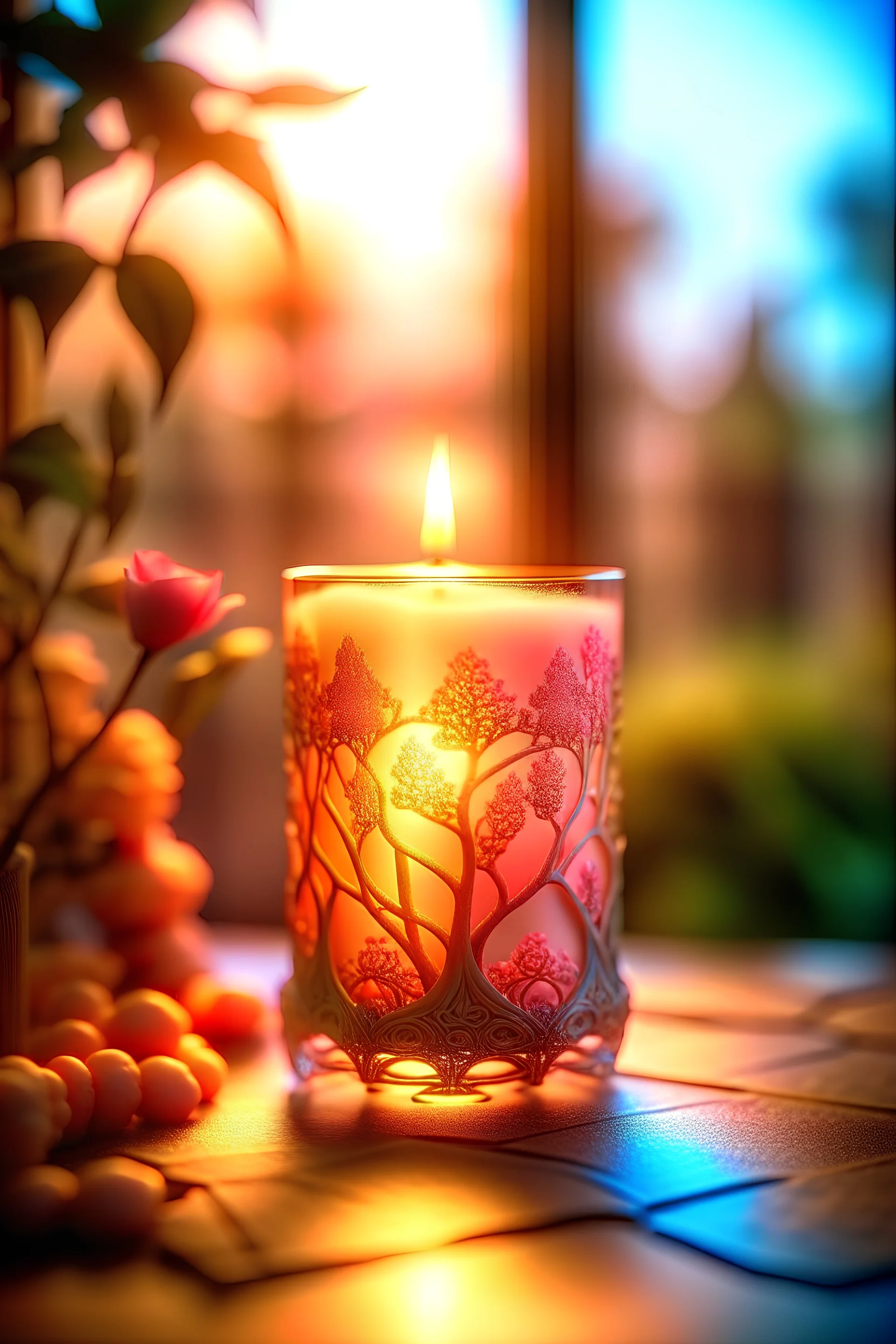 A beautiful transparent candle with a surreal glowing radiant tree inside the wax, the candle is lit and has a calming and sublime effect, light and bright, soft bokeh, pastel-effect, pink english rose, bioluminescent, in the background is a colored mosaic-like window through whose colors the light shines and reflects, sharp focus, professional photography, highly detailed