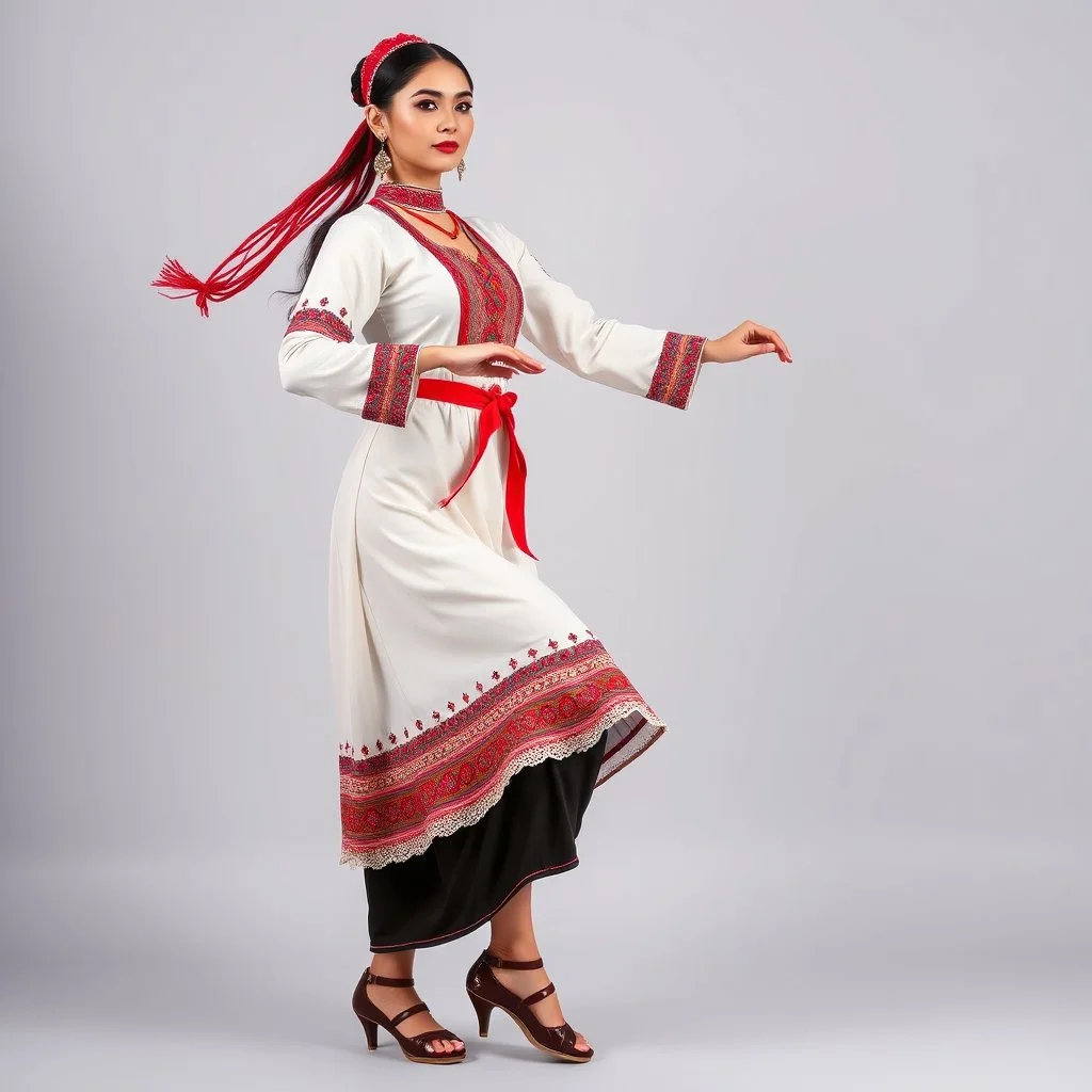 azeri female with traditional silck dance clothing,midi skirt dance shoes