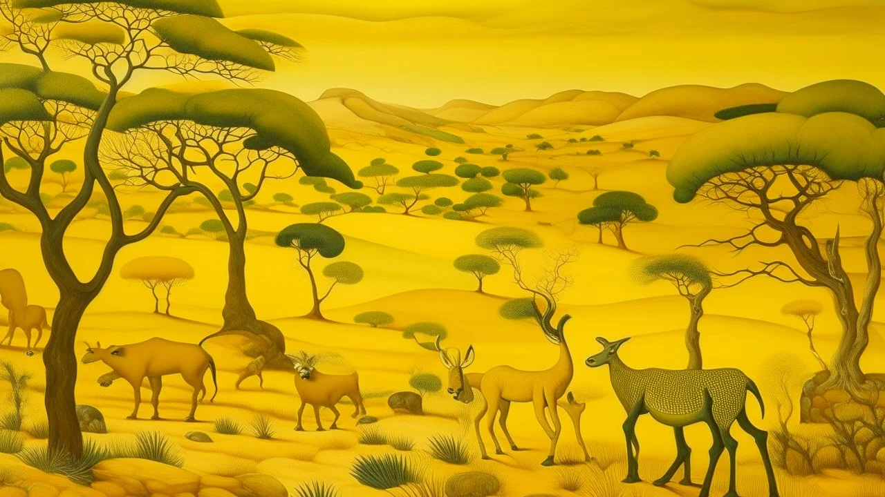 An orangish yellow savanna near a Karoo with animals painted by Diego Rivera