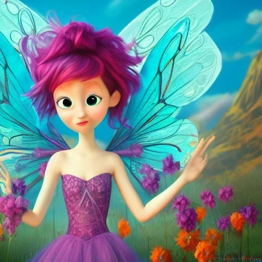 pixar art style of a super sweet and mega cute epic fairy, majestic, ominous, art background, intricate, masterpiece, expert