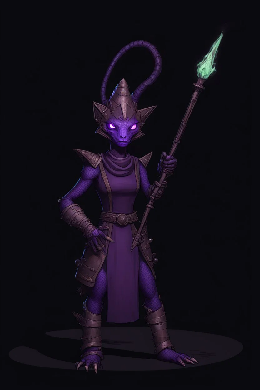 a black and purple, female argonian artificer who uses Tesla coils as weapons, skinny, lightly armored