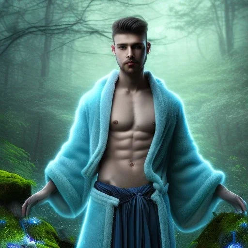 crazy detail, magical forest background, waterfall, blue but cloudy skies,close up of body of cute dark male poet wearing soft robes and blue gloves,dark stone statue, lively eyes,hidden hands, framed by foliage, shiny eyes, holding up scroll