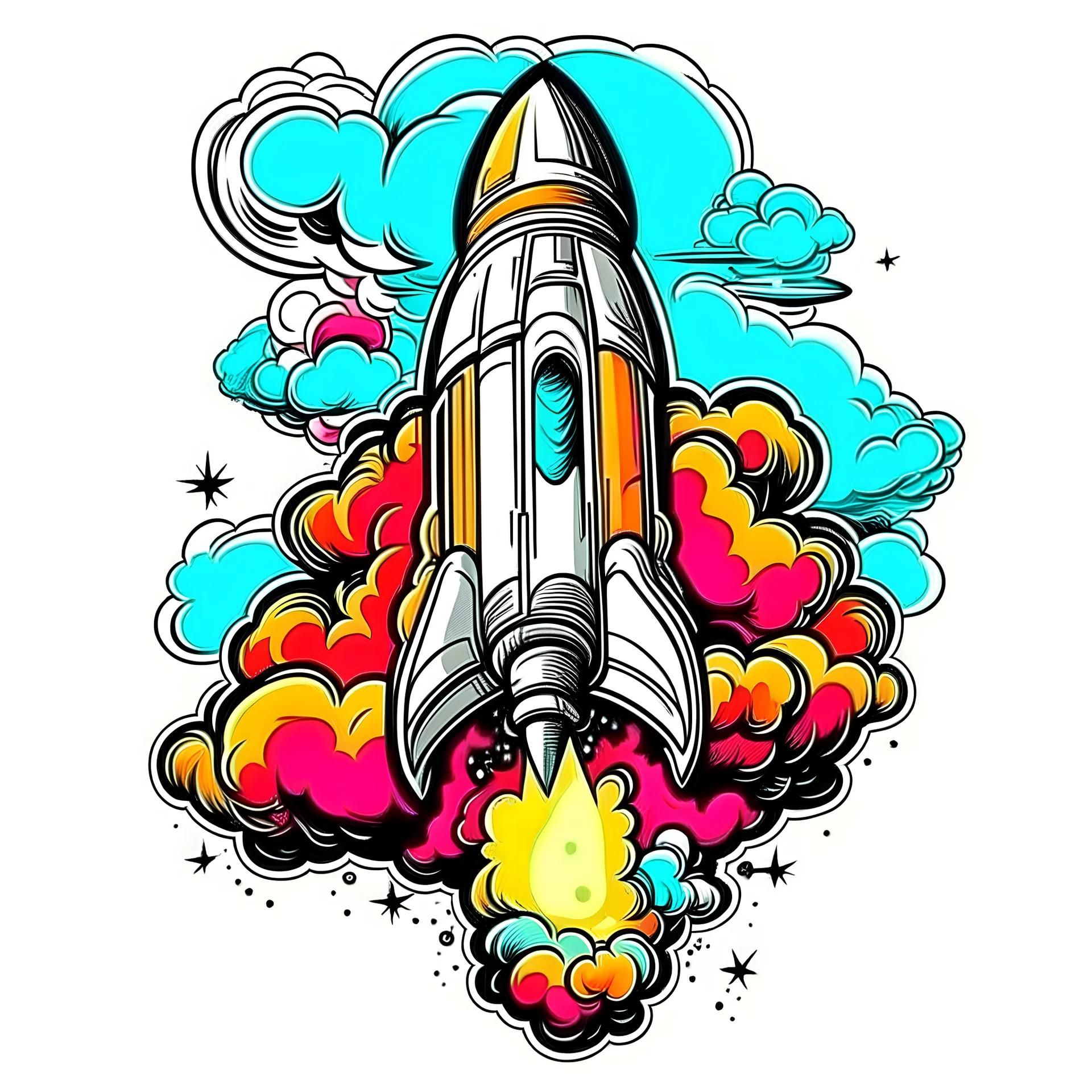 STICKER tshirt print design (on a white background1.2), digital art of Pop Art-inspired Retro Rocket blasting off into psychedelic skies, (Comic book style1.2), highly detailed, 4k, masterpiece.