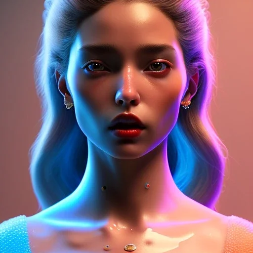 Spanish woman, rounded face, purpurin made up, red, blue, pink, cold, latex coat, leather, piercing, soft color, highly detailed, art stations, concept art, smooth, unreal engine 5, god rays, ray tracing, RTX, lumen lighting, ultra detail, volumetric lighting, 3d, finely drawn, high definition, high resolution, neon background.