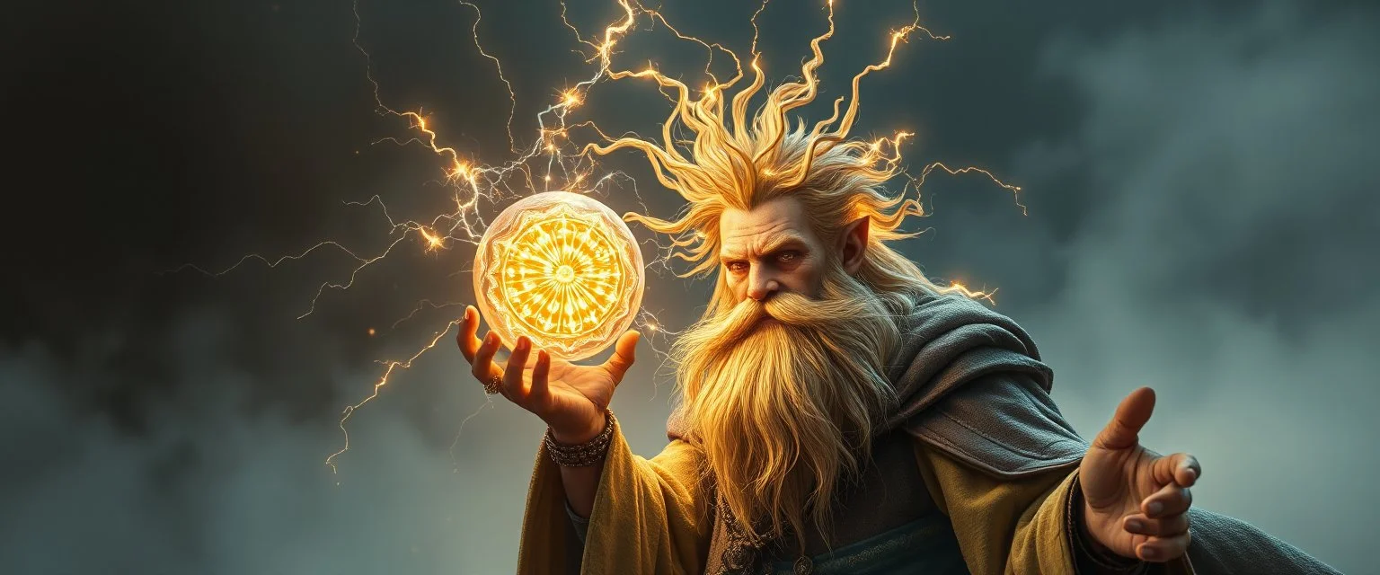 dwarven priest with electrically charged hair, expert holding up a floating radiant Painite crystal rosette ball shooting radiant light through the fog
