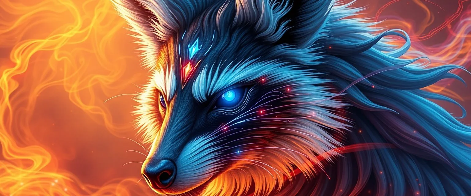 close up portrait of a plasma racoon fox horse king lama flickers like hypnotic fire in geometric shapes like a dna swirl of time and a fearsome planeswalker covered in powerful runes