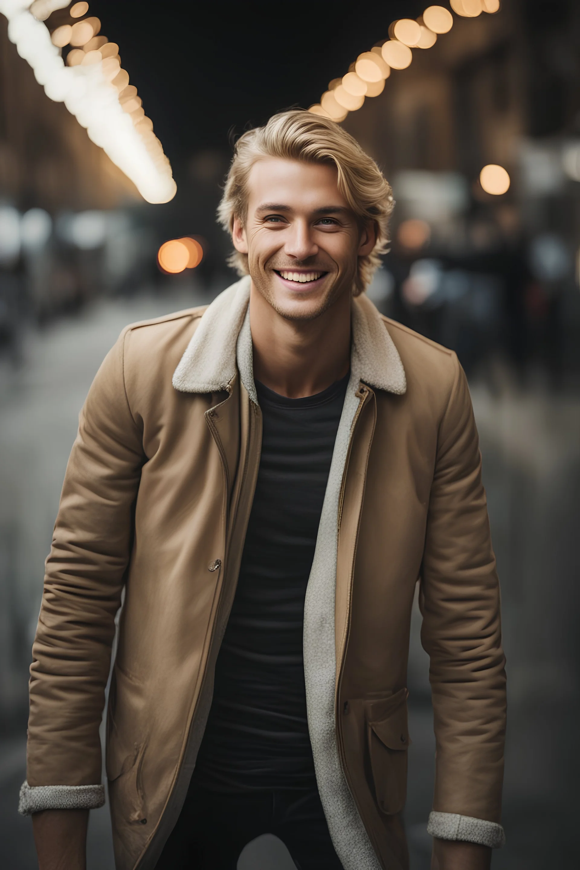 A hyper-realistic,detailed A handsome blonde young man with a beaming smile, his eyes twinkling with joy. Photo Real, HOF, full size, practicality,manufacturability,performance, (((realism, realistic, realphoto, photography, portrait, , realistic, beautiful, elegant, charming, apocalyptic environment, professional photographer, captured with professional DSLR camera,trending on Artstation, 64k, ultra detailed, ultra accurate detailed, bokeh lighting, surrealism, Thomas Kinkade background,