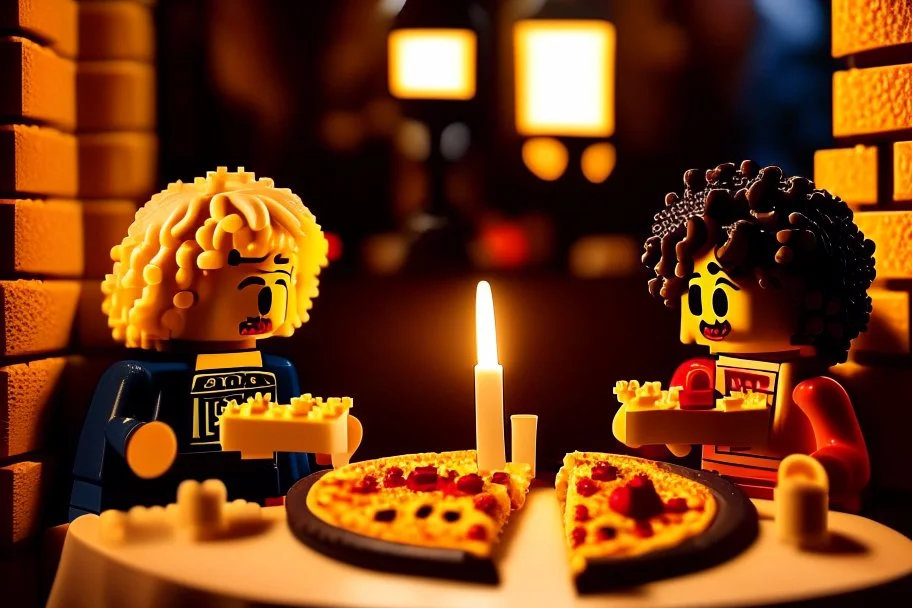 blonde lego girl and curly black haired lego boy eating lego pizza in an italian restaurant in candlelight