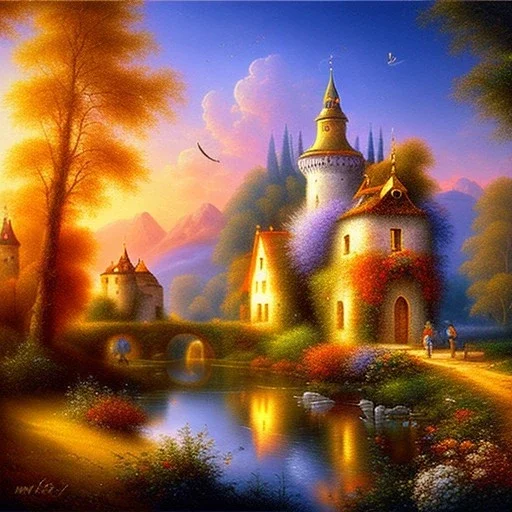 an ultradetailed painting of a popi village, castle, golden ratio, 8 k resolution, oil on canvas, landscape with Bright Colors, pop art