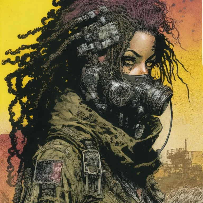 front facing full length portrait illustration of a grunge armored female with beaded dreadlock hair cyberpunk vampire mercenary with gas mask, telecommunications headset, and shemagh, highly detailed with gritty post apocalyptic textures, toxic irradiated landscape, finely detailed facial features and hair, in the graphic novel style of Bill Sienkiewicz, and Jean Giraud Moebius, with elements of collage, mimeograph, and pen and ink