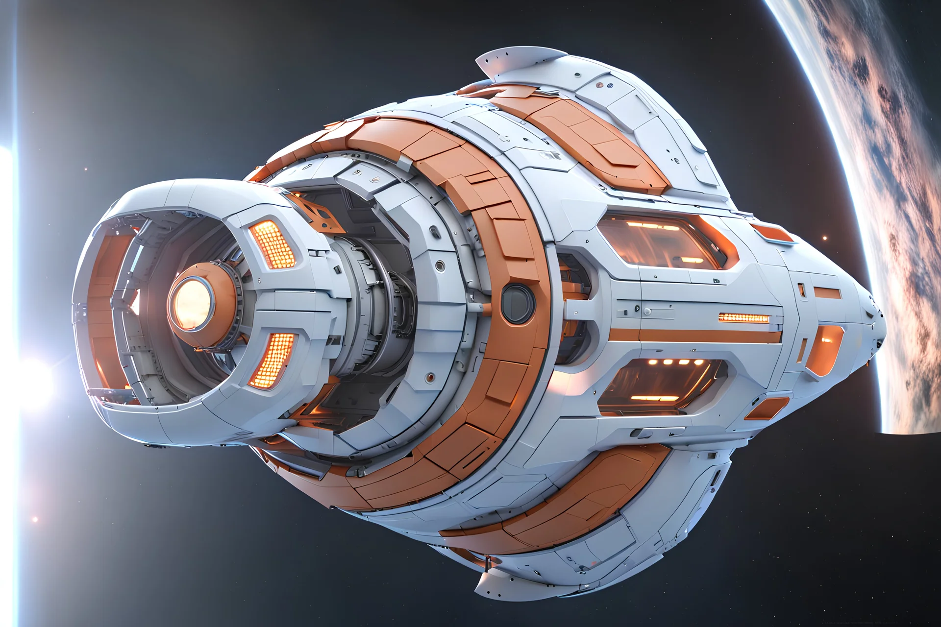 sci-fi spaceship (((side view: 1.4))) , rounded structural elements, rectangular portholes, illumination from the inside, volumetric light, uniform illumination, sci-fi design, arbitrary color or combination, sky-fantastic design, view from space, Cinestill rendering with octane 800T, realism of complex ward parts, gaining recognition Octane number 8K, Blender, cyborg style
