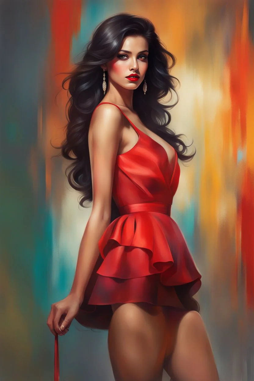 A full body Portrait of a beautiful young woman, slanted, dark eyes with large eyelashes, voluminous wavy black hair, red lipstick, thin strap blouse, colorful, perfect face, shine, realistic, best image quality, oil paint, Light clothes, vivid colors, Thin strap blouse, Art By Jon Bauer,, By cgsociety,standing