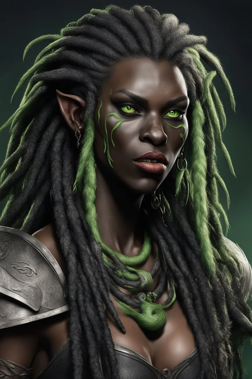 generate a dungeons and dragons character portrait of a female beast-human with black skin, dreadlocks, green piercing eyes, fangs and a thick nose