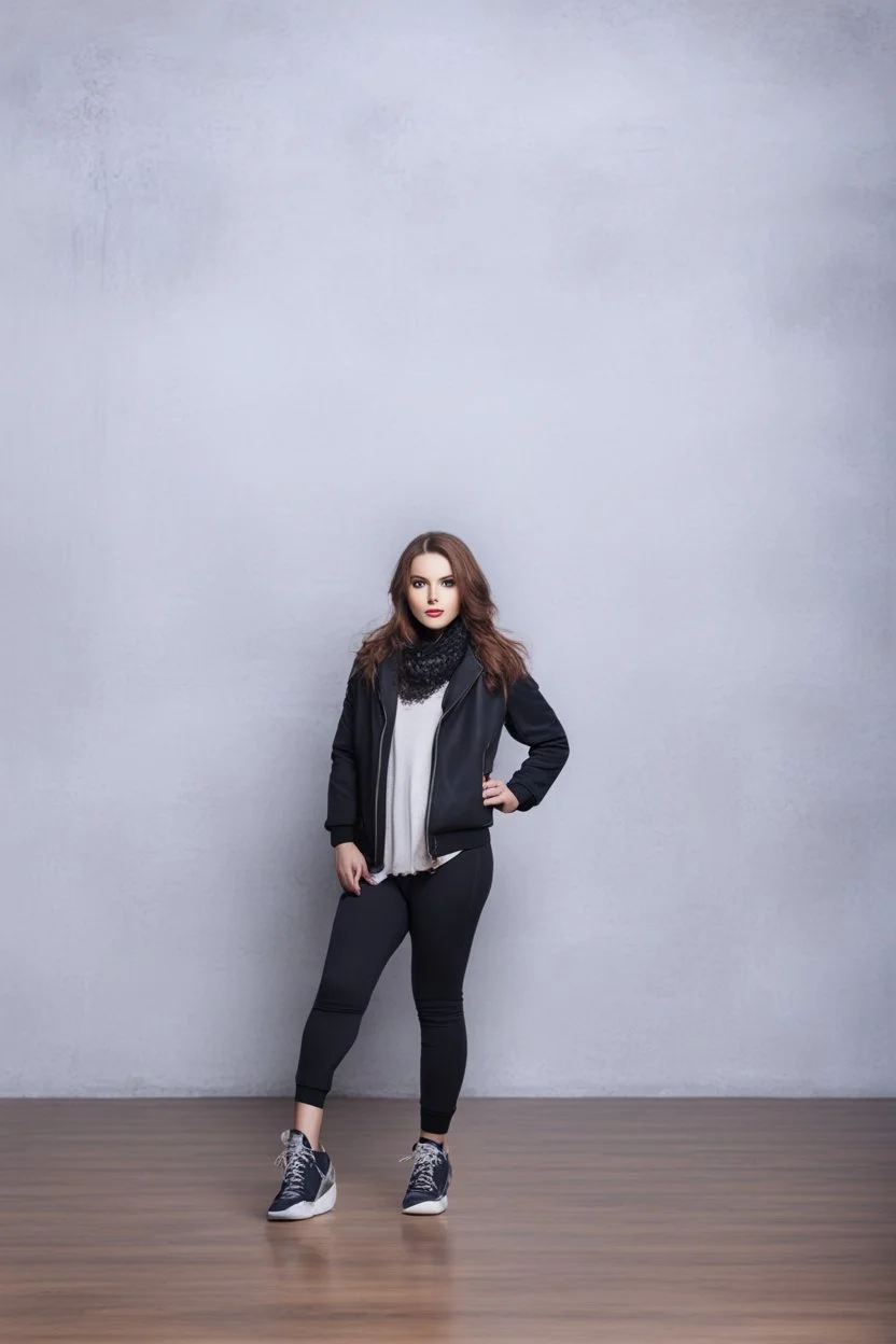 full body of very beautiful girl pants and jacket , curvy hair with lace scarf ,standing idle pose in studio pretty makeup,perfect face,sport shoes