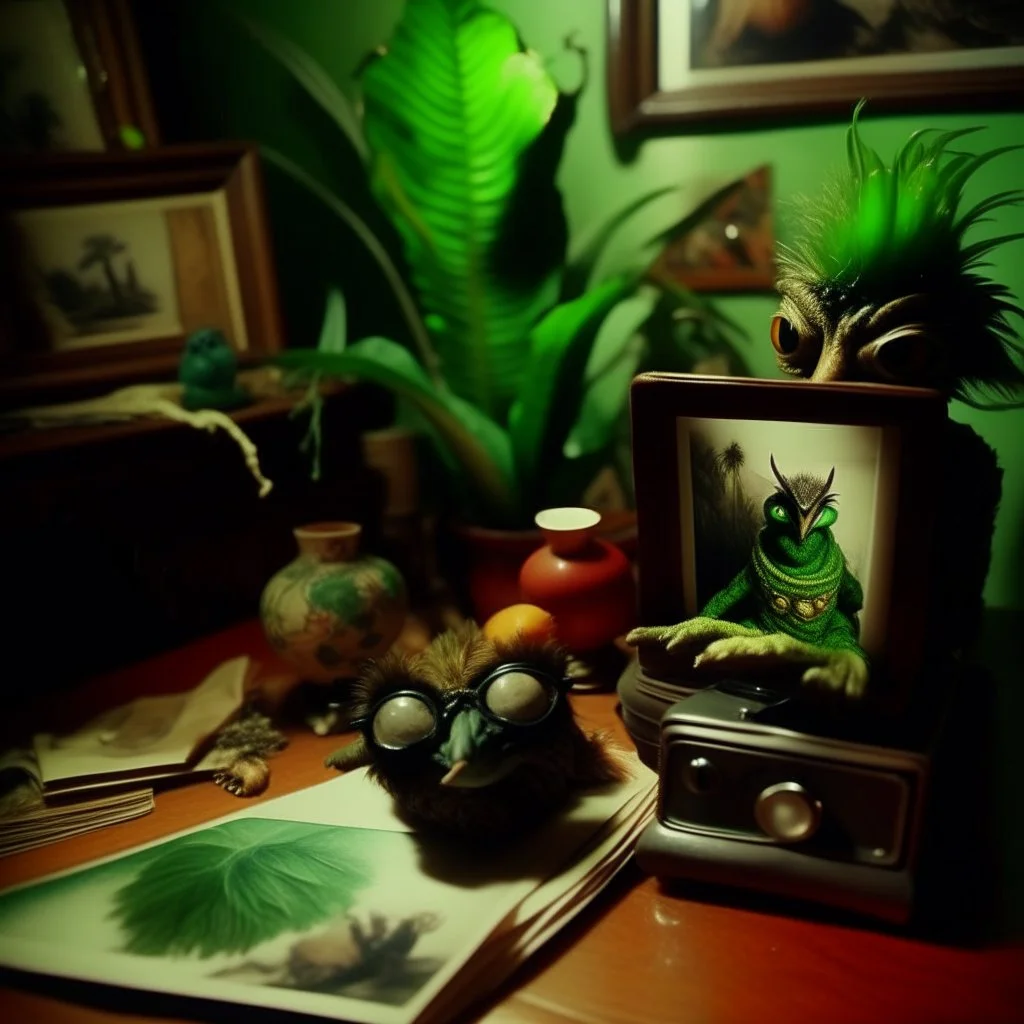 Close-up polaroid of ultra realistic odd monster, part man, part plant, and part animal in a living-room, vivid, ultra realistic, Egon Schiele, hypermaximalist figures, light, Italian 1970's odd movie, hilarious, fine art, Minicavio Quollati style, photography by Marlost Endgulp, dark atmosphere, obsessive, 4k, sharp focus, 3d, photorealism