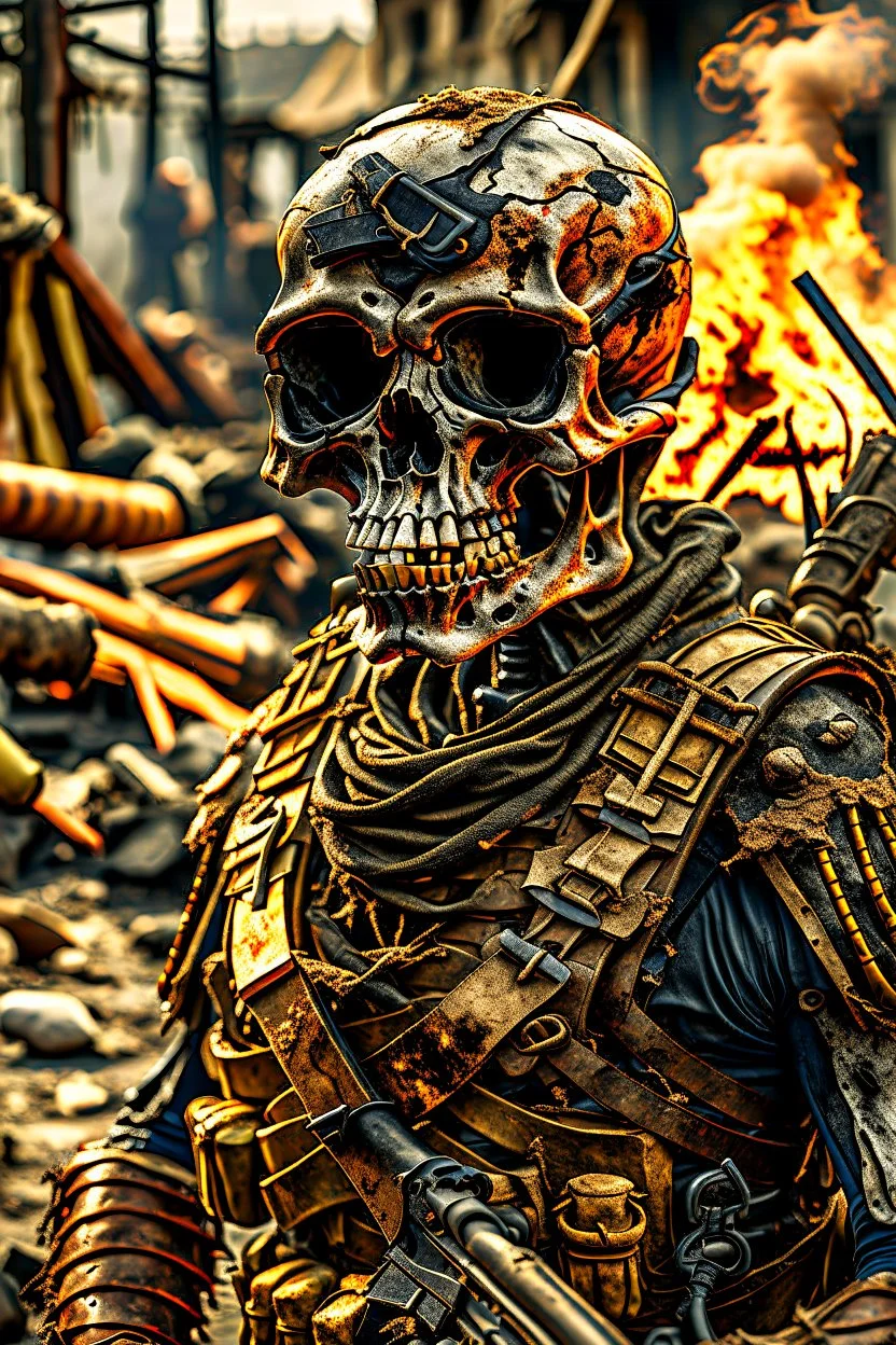 a scary looking skeleton, rising from the ashes, he was a war veteran, partially humanlike characteristics, army beret and ripped ammo wear, chaotic background, dramatic close-up action shot of him on a burned out war tanker a torpedo on shoulder -ready to fire ,gothic and chaotic background, 12k