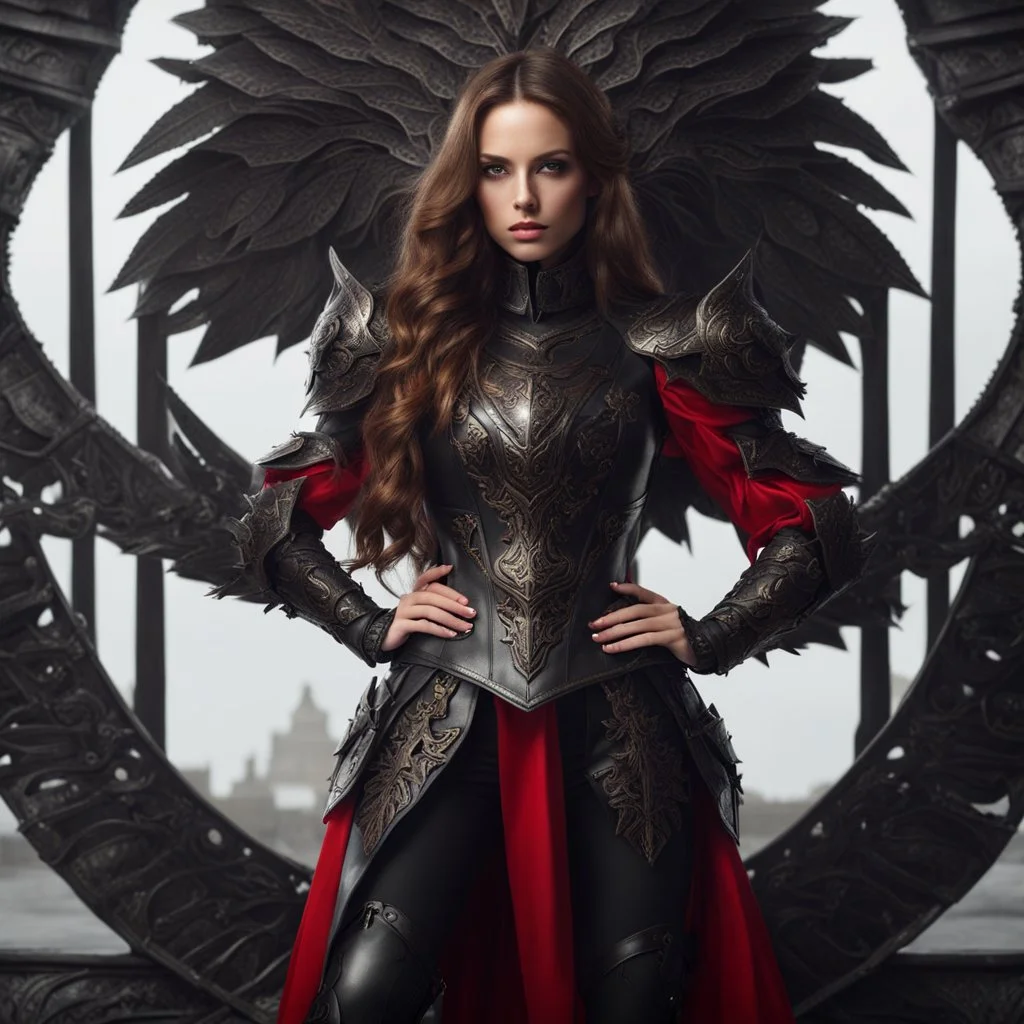 young woman with long brown hair, arrogant red eyes, wearing black leather fantasy armor, detailed, 4k resolution, hd