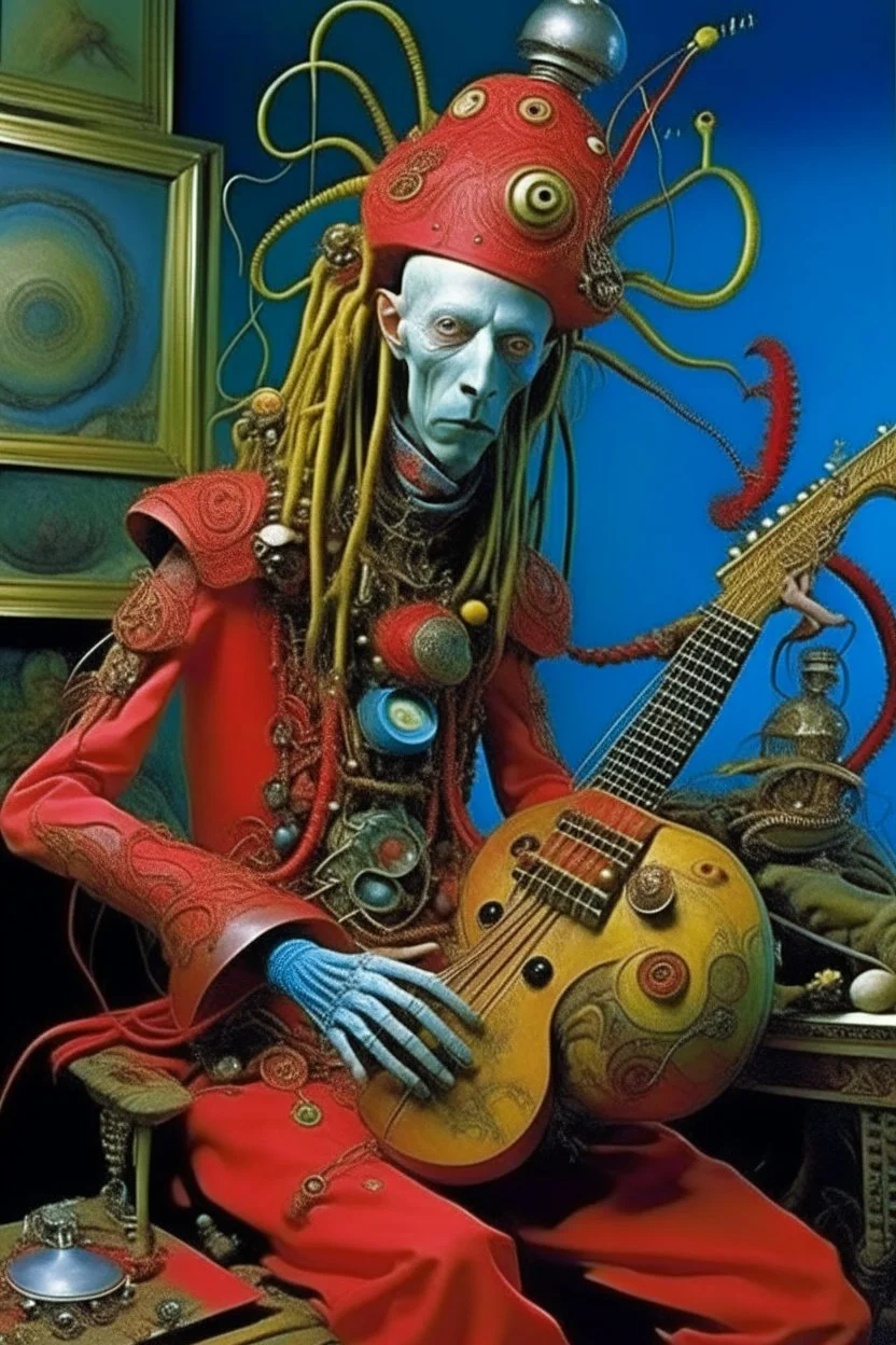 photo by tim walker : loan-blend human-alien biomorphic-animals squid indefinite head extreme wide shot head to toe portrait of weird krofft pufnstuff puppet voodoo cutie sitar player king human nervous systems, renaissance faire alex grey hyper detailed michael cheval with a playful expression made out of mechanical parts and robot arms; cyborg details, unusual and obscure photograph by františek vobecký of a surreal scene of ghastly men, pop art, clive barker style, 300mm f/.8, raw cinematic p